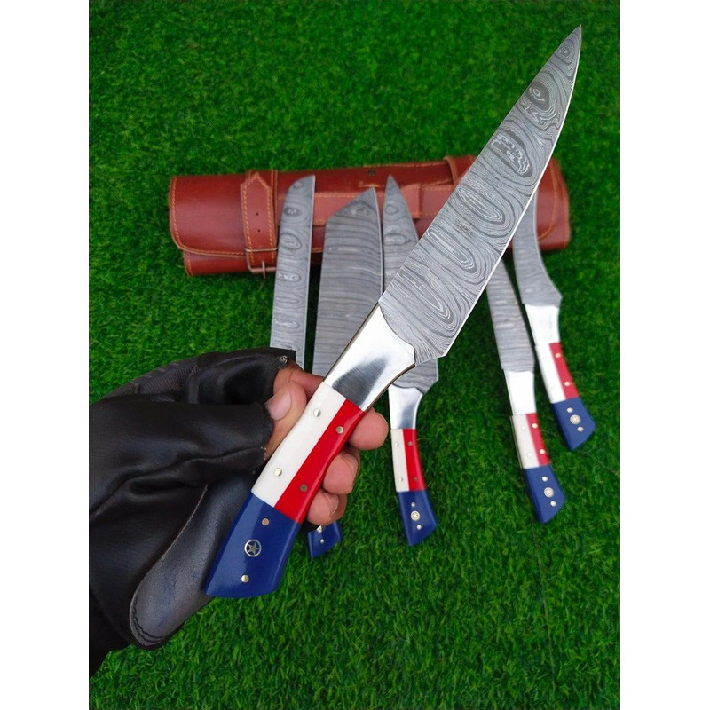 Custom Handmade Damascus Kitchen Knife Set With Texas Flag Handle Gift Knife Sets Anniversary Gifts 4