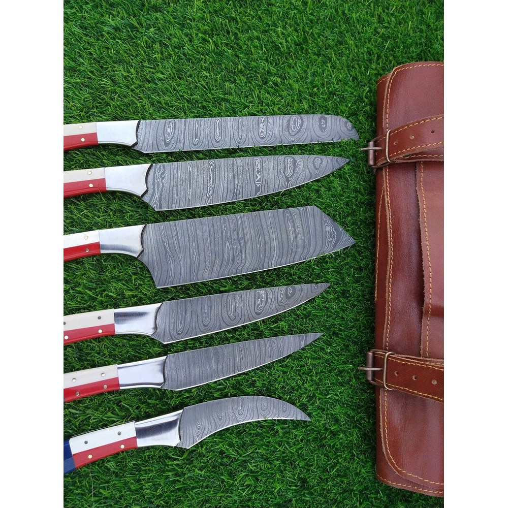 Custom Handmade Damascus Kitchen Knife Set With Texas Flag Handle Gift Knife Sets Anniversary Gifts 5