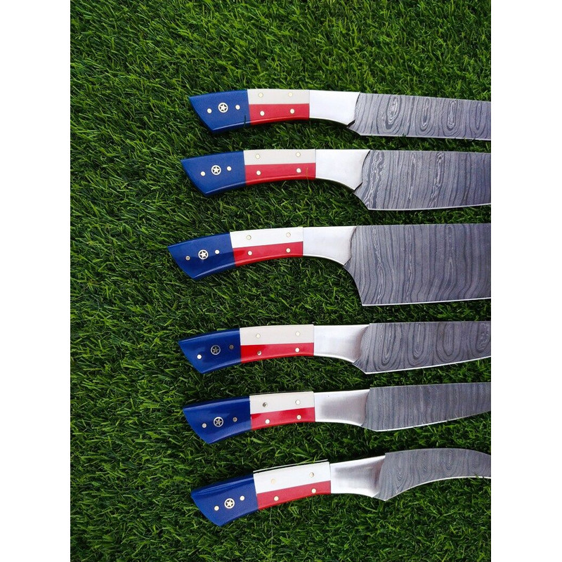 Custom Handmade Damascus Kitchen Knife Set With Texas Flag Handle Gift Knife Sets Anniversary Gifts 6