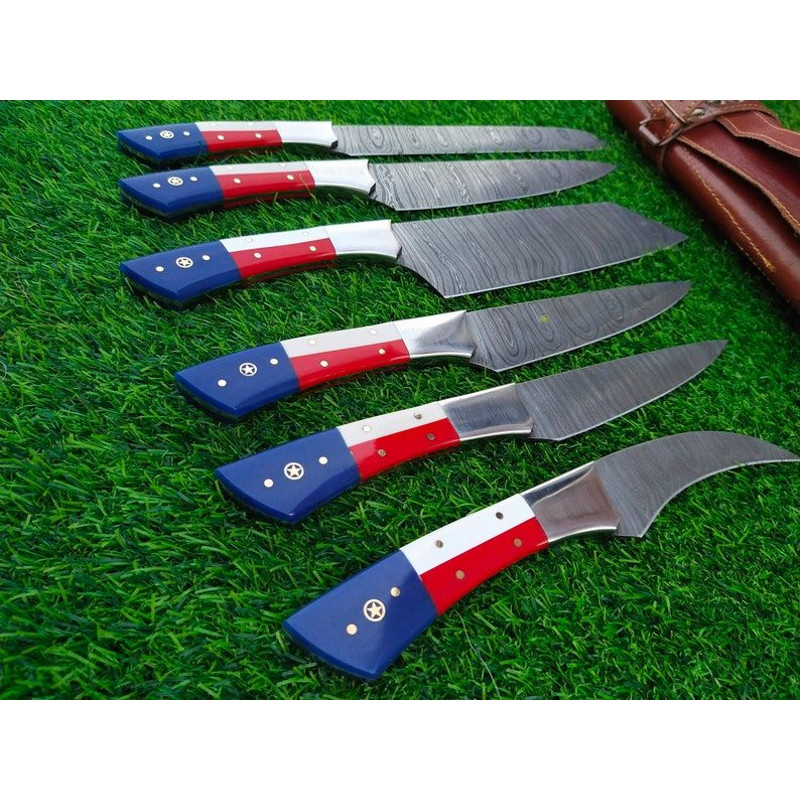 Custom Handmade Damascus Kitchen Knife Set With Texas Flag Handle Gift Knife Sets Anniversary Gifts 7