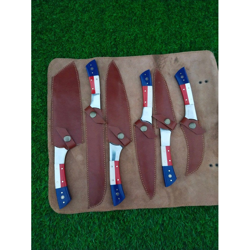 Custom Handmade Damascus Kitchen Knife Set With Texas Flag Handle Gift Knife Sets Anniversary Gifts 8