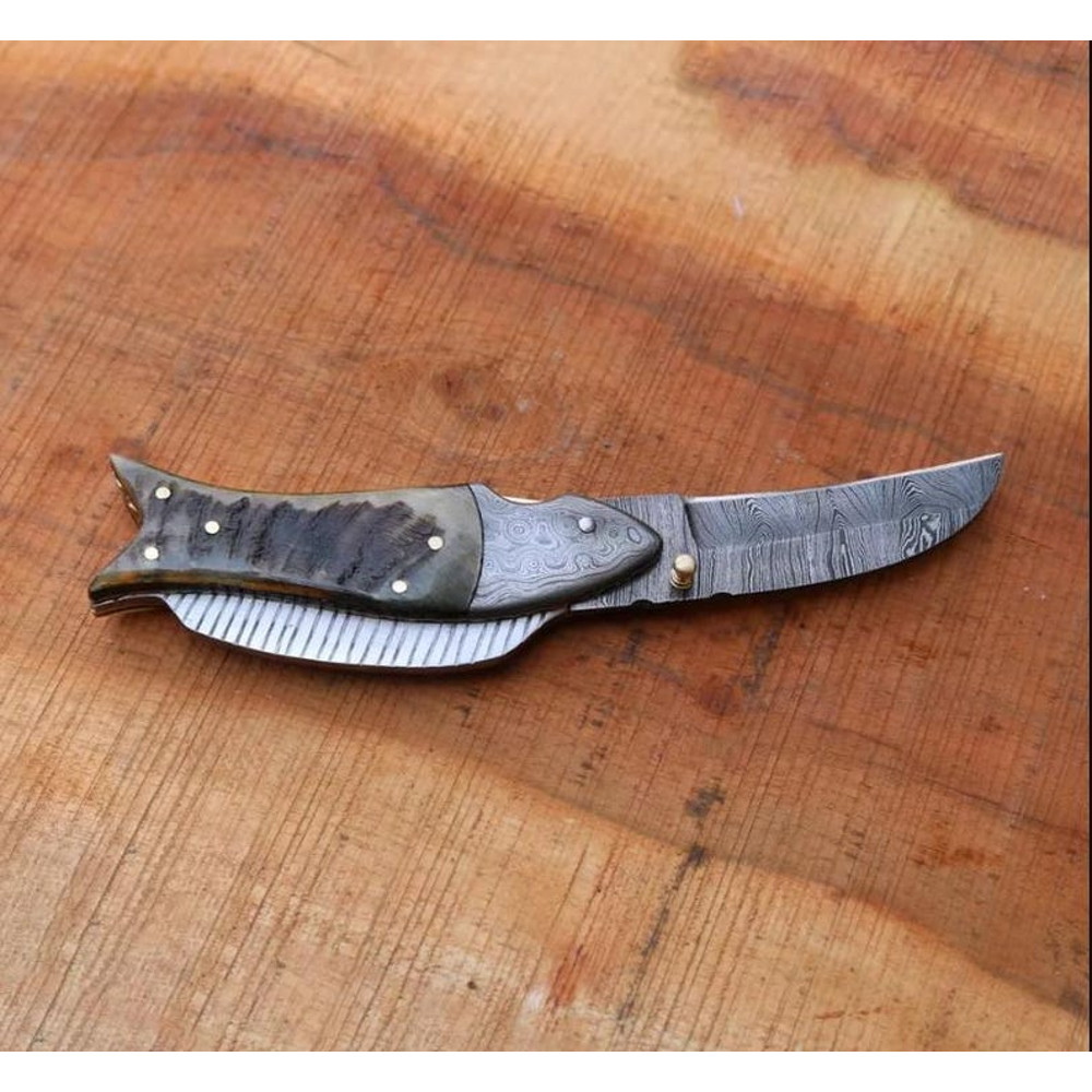 Custom Handmade Damascus Folding Fish Style Pocket Knife Every Day Carry Knife Best Gifts Camping 1