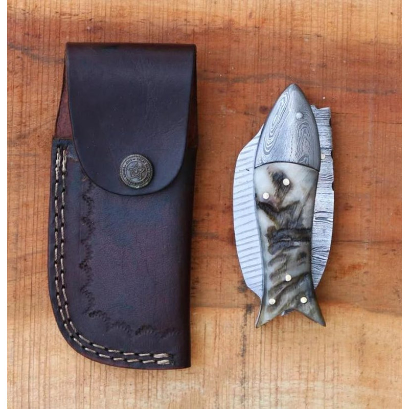 Custom Handmade Damascus Folding Fish Style Pocket Knife Every Day Carry Knife Best Gifts Camping 2