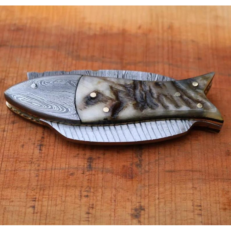 Custom Handmade Damascus Folding Fish Style Pocket Knife Every Day Carry Knife Best Gifts Camping 3