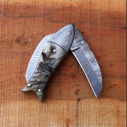 custom handmade damascus folding fish style pocket knife, every day carry knife , best gifts, camping gift for boyfriend
