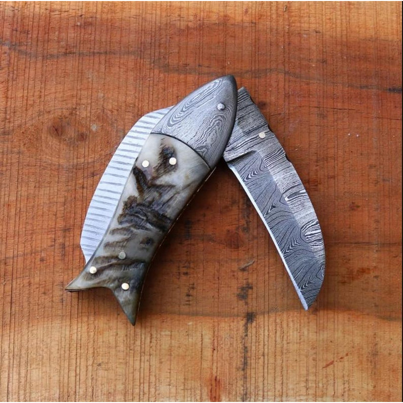 Custom Handmade Damascus Folding Fish Style Pocket Knife Every Day Carry Knife Best Gifts Camping 0