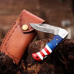 damascus pocket knife usa flag handmade folding knife gift for boyfriend birthday gift,groomsmen gift, thanksgiving gift