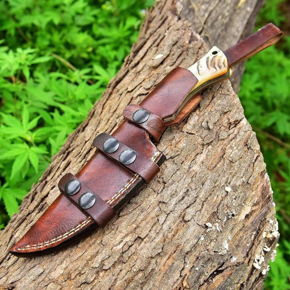 Custom Handmade Damascus Knife Hunting Knife Pocket Knife Skinner Knife Horn Handle Gift For Boyfri 3