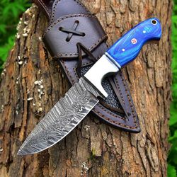 handmade damascus steel knife, hunting knife, fixed blade knife, skinner knife, bushcraft camping knife, pakka wood hand