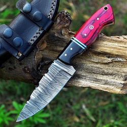 custom handmade damascus knife, pocket knife, fixed blade knife, skinner knife, camping knife, buffalo horn pakka wood