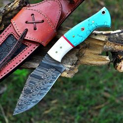 handmade damascus steel knife, pocket knife, hunting knife, camping knife, buffalo horn handle, gift for men