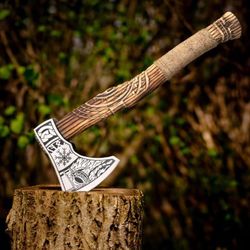 handmade viking axe premium hunting camping tomahawk with wood handle & free leather sheath, outdoor survival axe