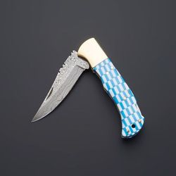 handmade damascus steel folding knife - personalized pocket knife for men - bushcraft tactical camping knife for men