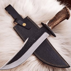 15" handmade stainless steel hunting knife | stag horn handle | full tang fixed blade with leather sheath |bf gift
