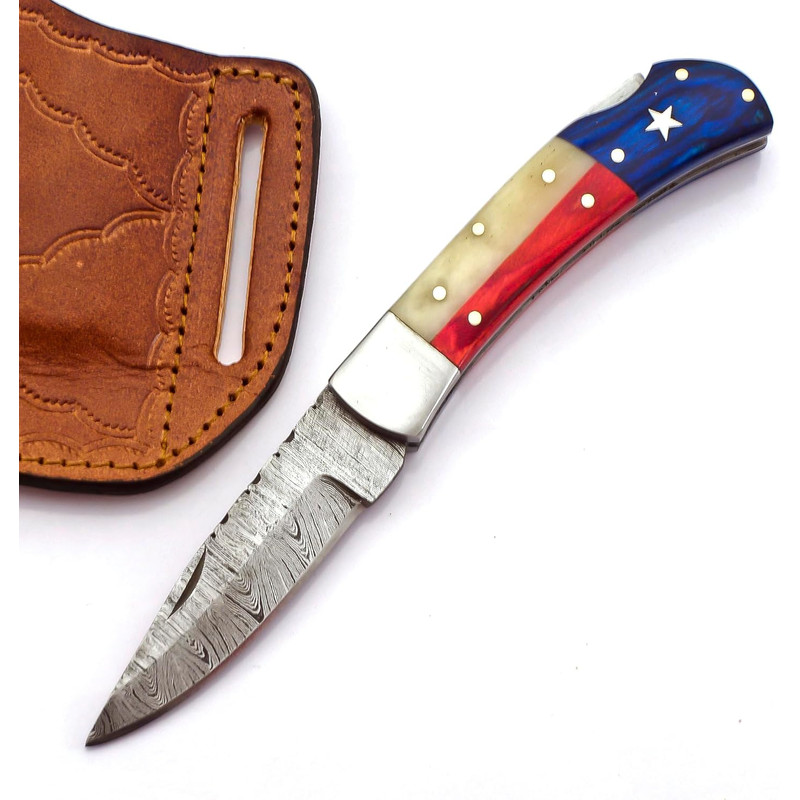 Damascus Steel Pocket Knife With Premium Leather Sheath  Damascus Folding Knife With Backlock  Fold 1