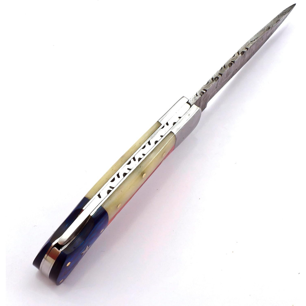 Damascus Steel Pocket Knife With Premium Leather Sheath  Damascus Folding Knife With Backlock  Fold 3