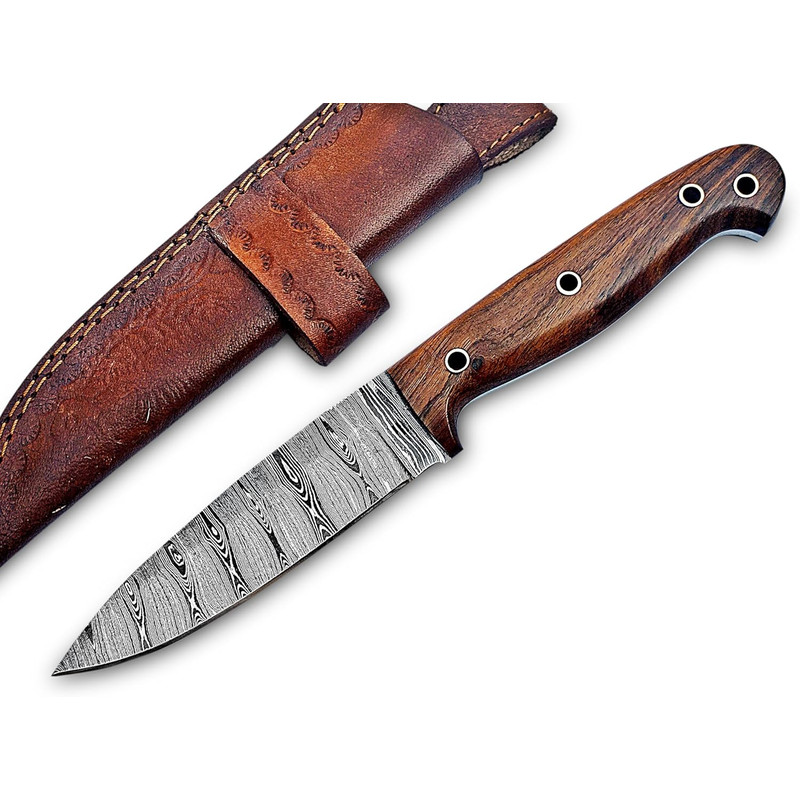 Handmade Damascus Hunting Knife  Bushcraft Fixed Blade Hunting Knife With Sheath And Rose Wood Hand 0