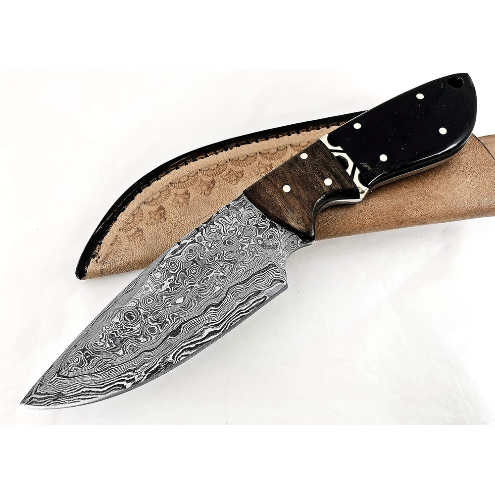85 INCH Fixed Blade Black Horn And Rose Wood Custom Handmade Damascus Knife 0