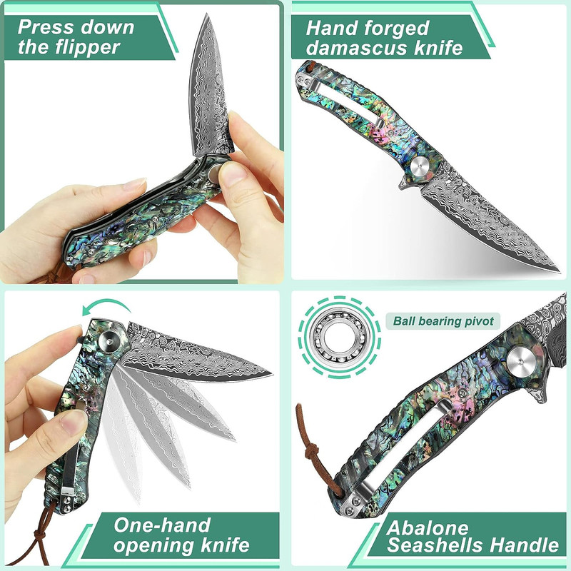Damascus Pocket Knife With Clip Leather Sheath Sharp VG10 Core Folding Knife EDC With Liner Lock Un 3