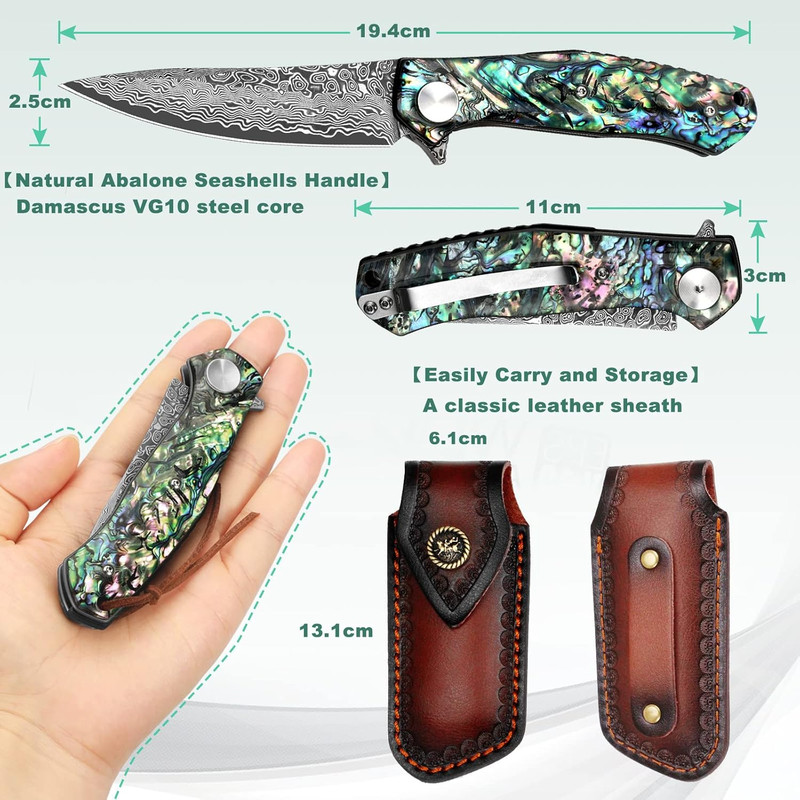 Damascus Pocket Knife With Clip Leather Sheath Sharp VG10 Core Folding Knife EDC With Liner Lock Un 4