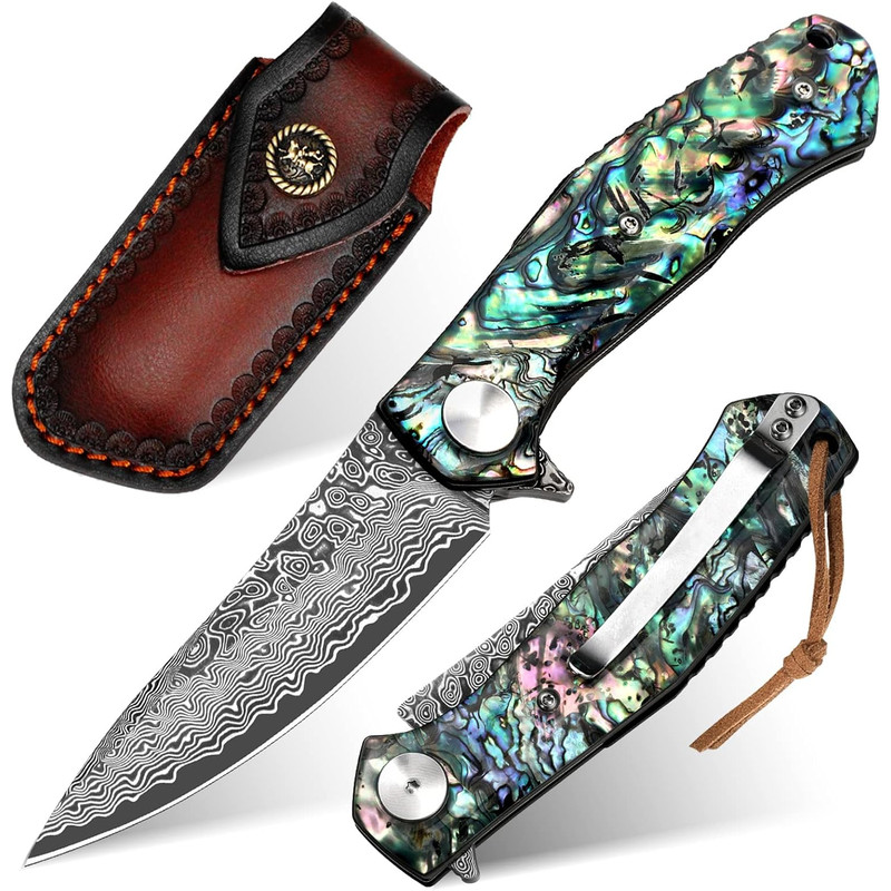 Damascus Pocket Knife With Clip Leather Sheath Sharp VG10 Core Folding Knife EDC With Liner Lock Un 0