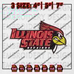 illinois state redbirds logo emb files, ncaa embroidery designs, 3 size, ncaa illinois state machine embroidery digital