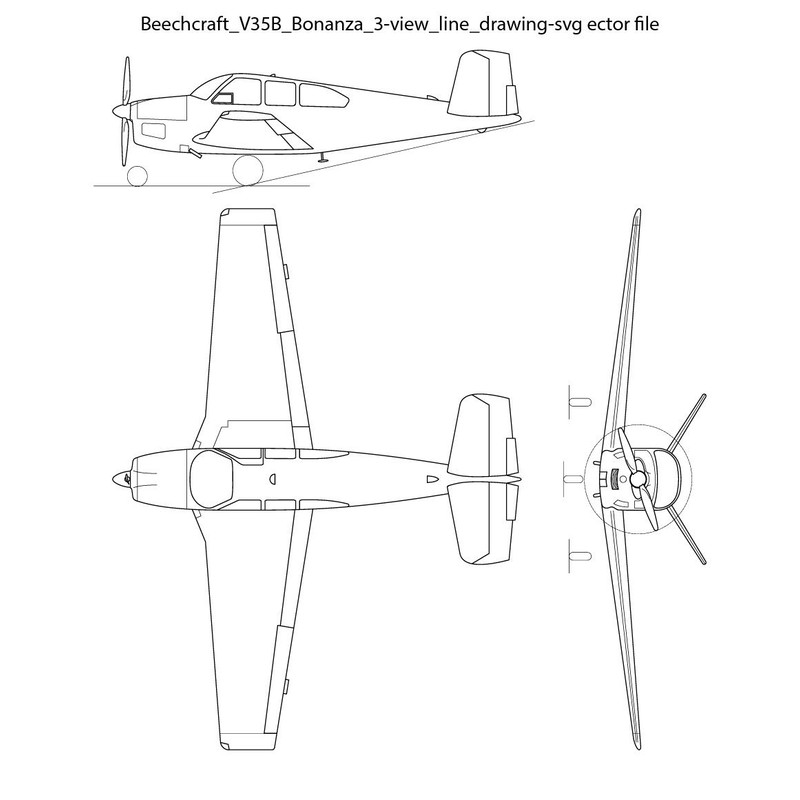 Beechcraft V35B Bonanza 3 View Line Drawing Svg Vector File 0