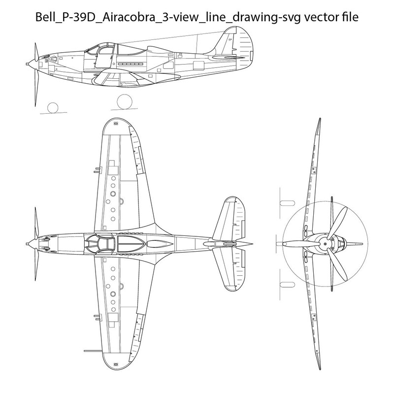 Bell P 39D Airacobra 3 View Line Drawing Svg Vector File 0