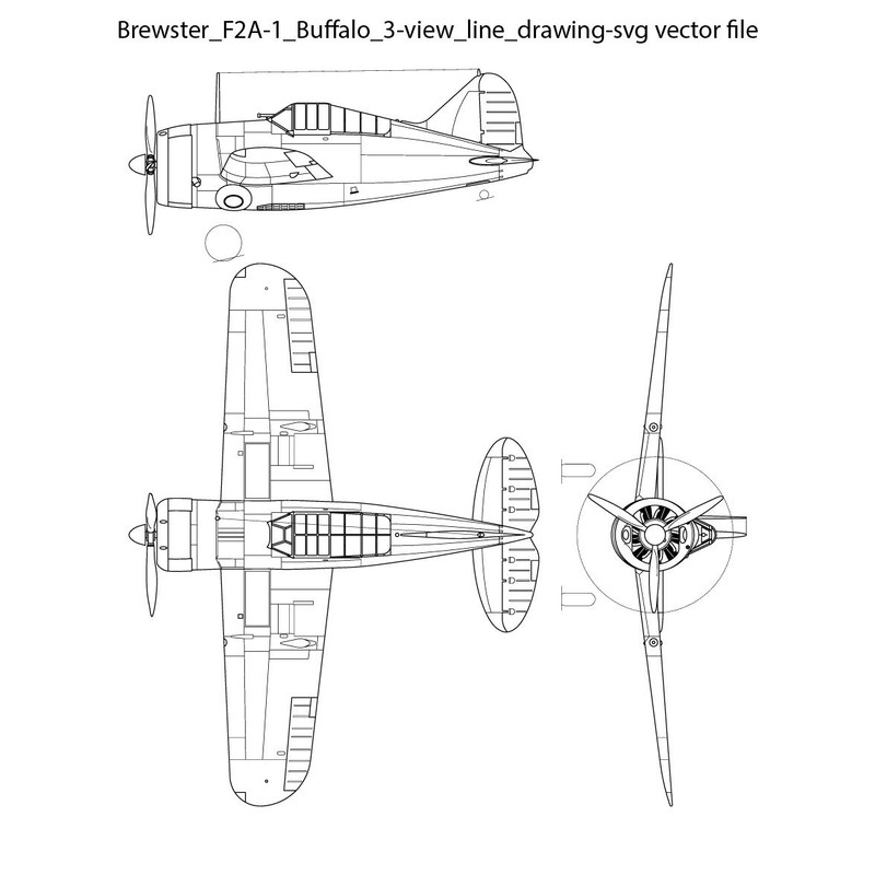 Brewster F2A 1 Buffalo 3 View Line Drawing Svg Vector File 0