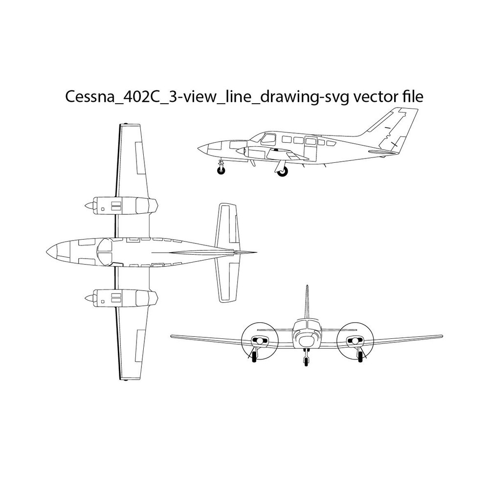 Cessna 402C 3 View Line Drawing Svg Vector File 0