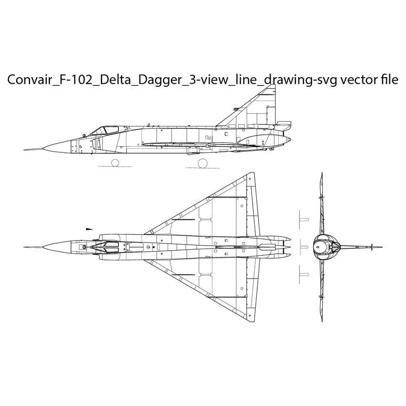 Convair F 102 Delta Dagger 3 View Line Drawing Svg Vector File 0