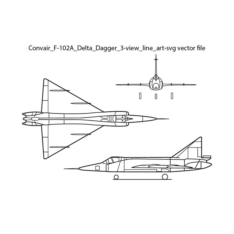 Convair F 102A Delta Dagger 3 View Line Art Svg Vector File 0