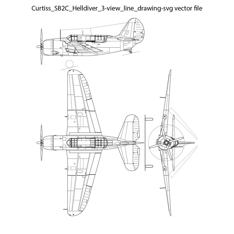 Curtiss SB2C Helldiver 3 View Line Drawing Svg Vector File 0