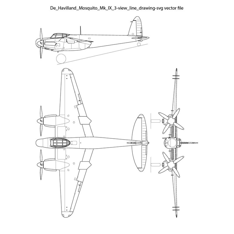 De Havilland Mosquito Mk IX 3 View Line Drawing Svg Vector File 0
