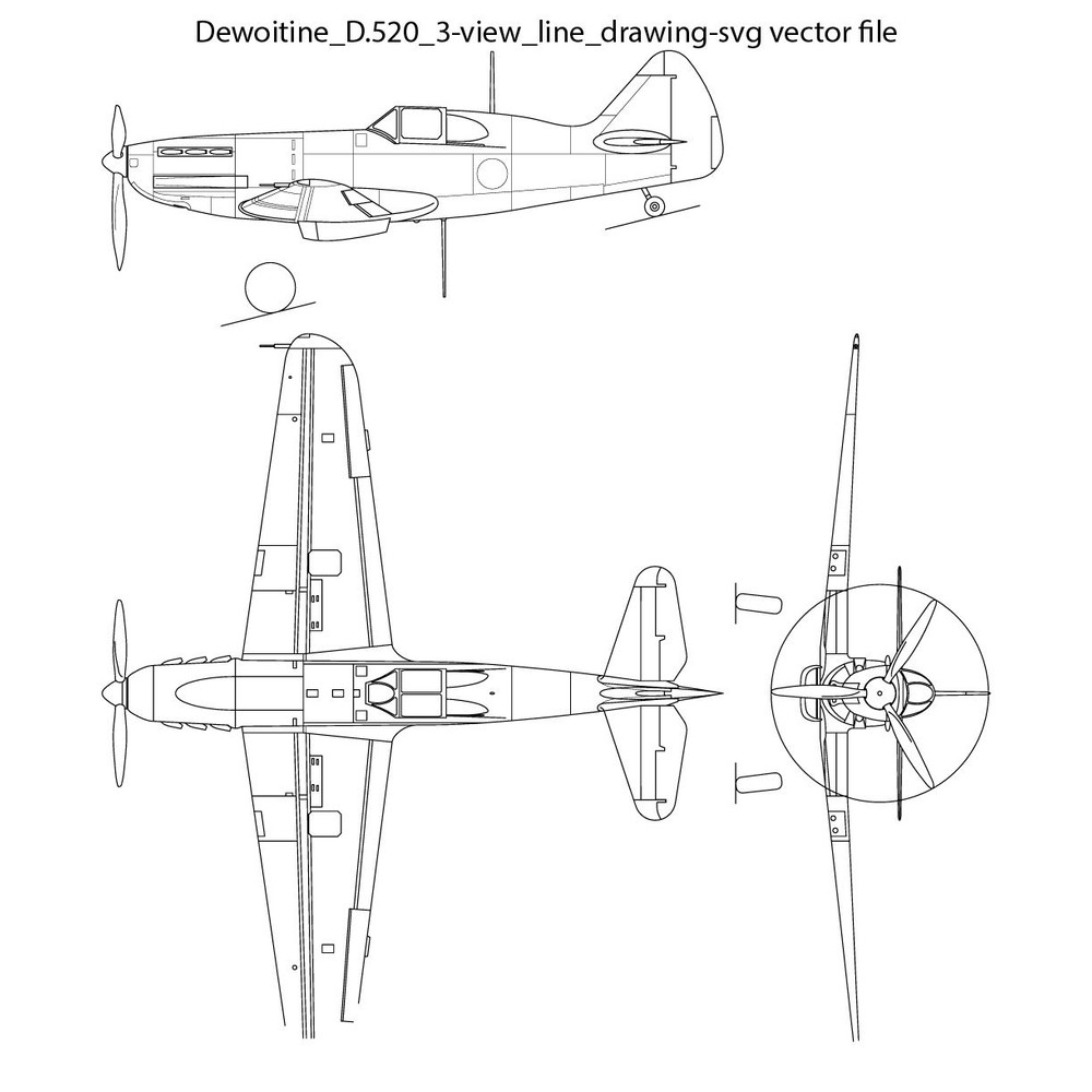 Dewoitine D520 3view Line Drawing Svg Vector File 0
