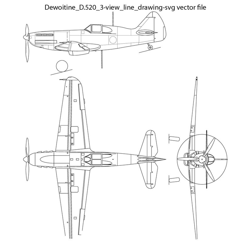 Dewoitine D520 3view Line Drawing Svg Vector File 0