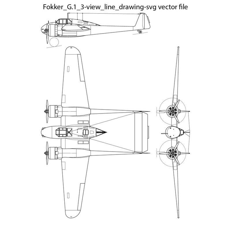 Fokker G1 3view Line Drawing Svg Vector File 0