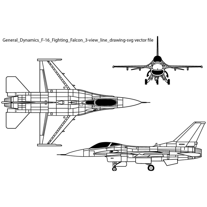 General Dynamics F16 Fighting Falcon 3view Line Drawing Svg Vector File 0