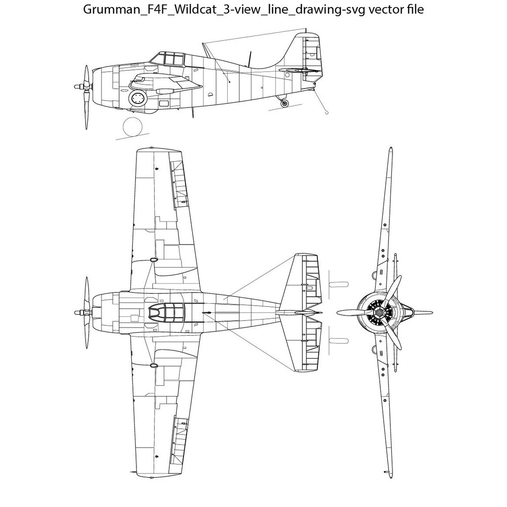Grumman F4F Wildcat 3view Line Drawing Svg Vector File 0