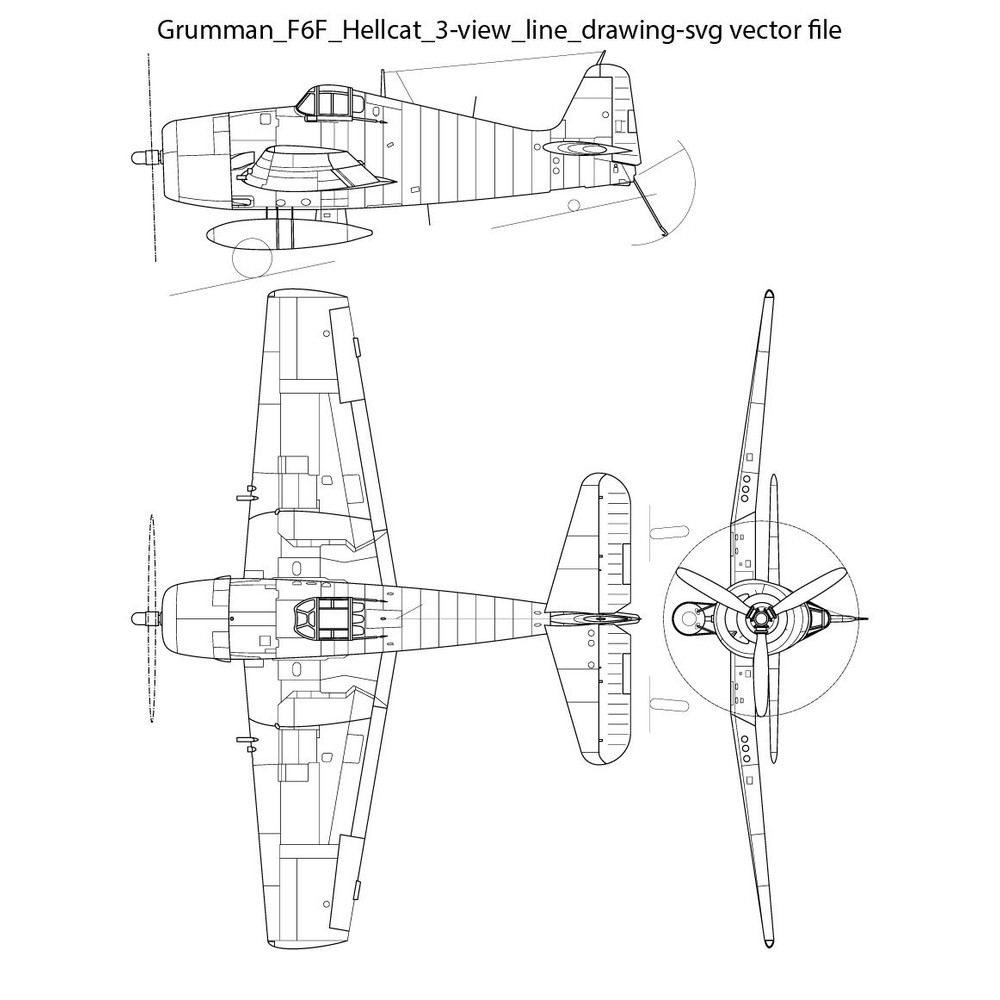 Grumman F6F Hellcat 3view Line Drawing Svg Vector File 0