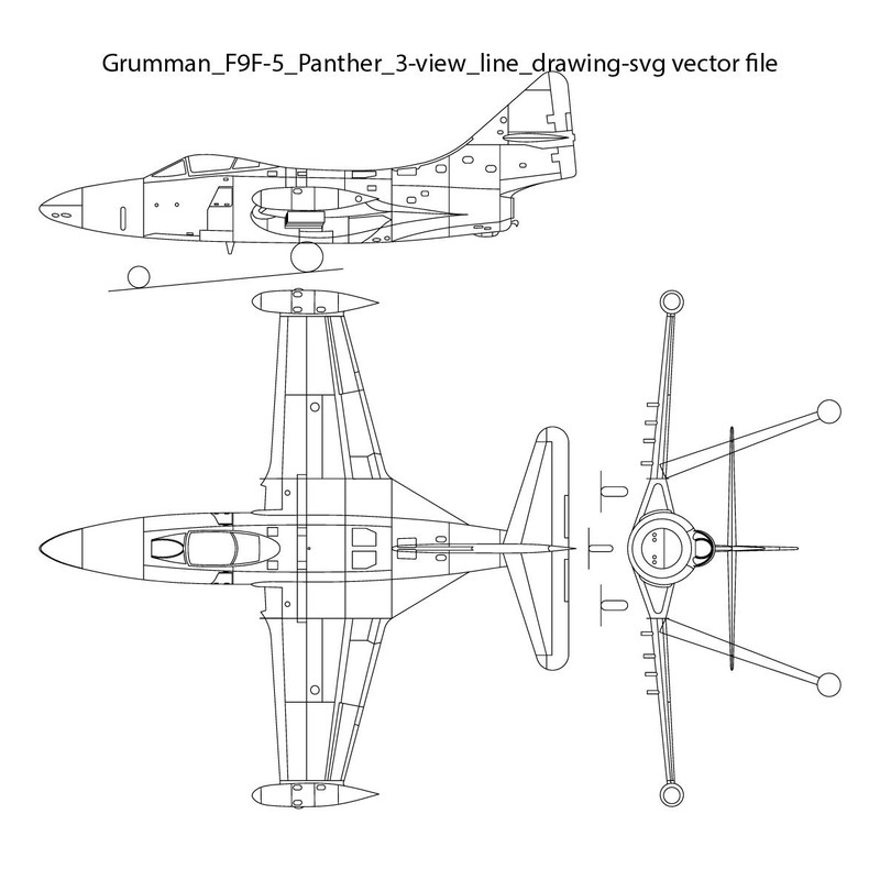 Grumman F9F 5 Panther 3 View Line Drawing Svg Vector File 0