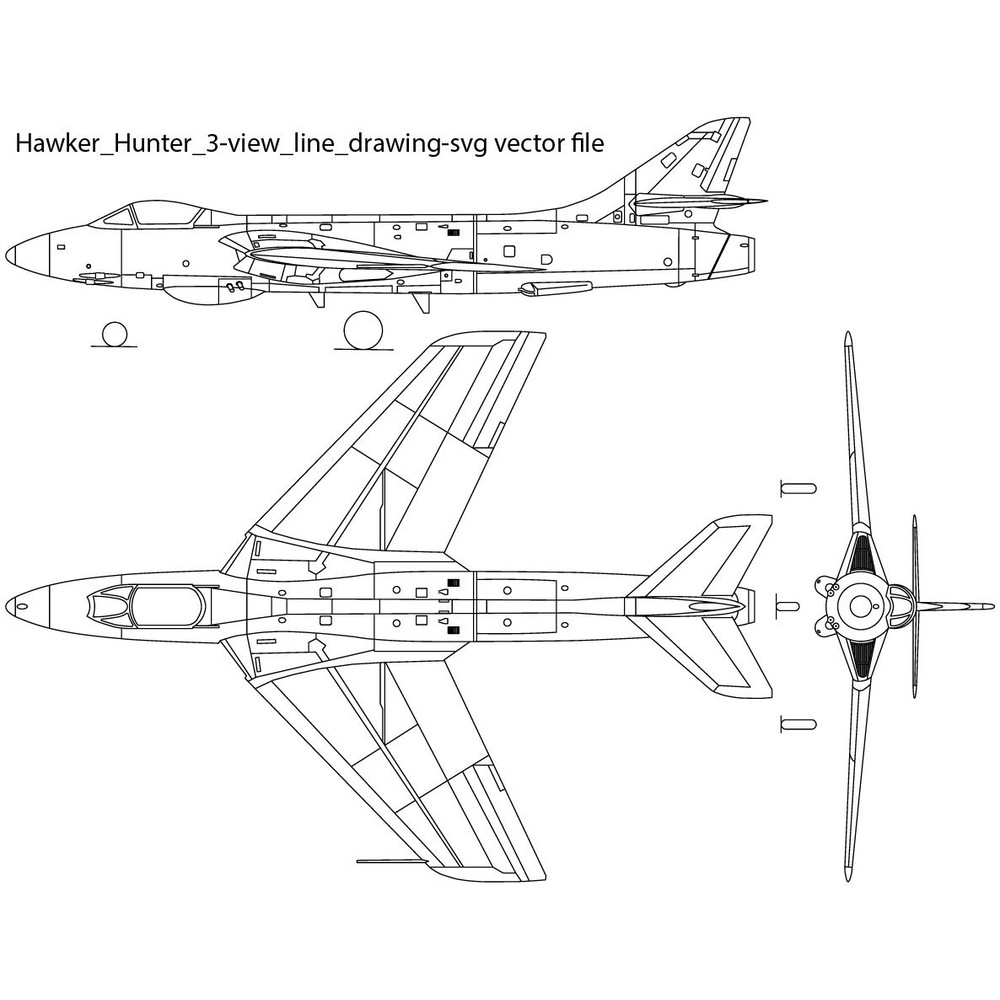 Hawker Hunter 3 View Line Drawing Svg Vector File 0