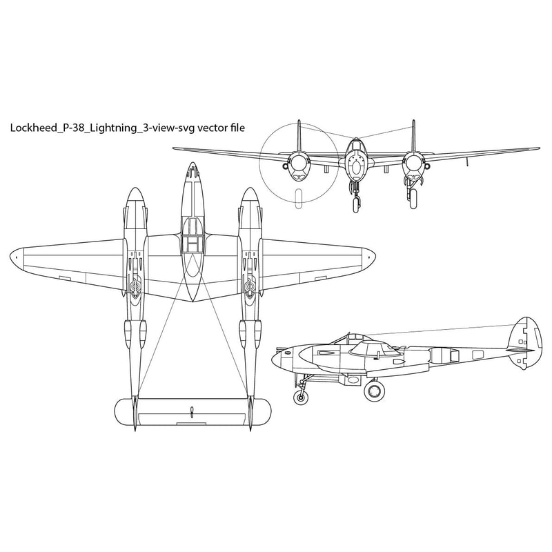 Lockheed P38 Lightning 3view Svg Vector File 0
