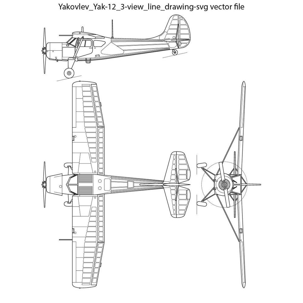 Yakovlev Yak12 3view Line Drawing Svg Vector File 0