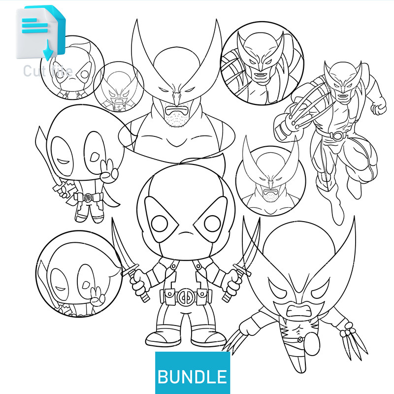 Editable Bundle Vector CharactersDeadpool And Wolverine SVG PNG INkCut FileColoring Pages Instant D 1