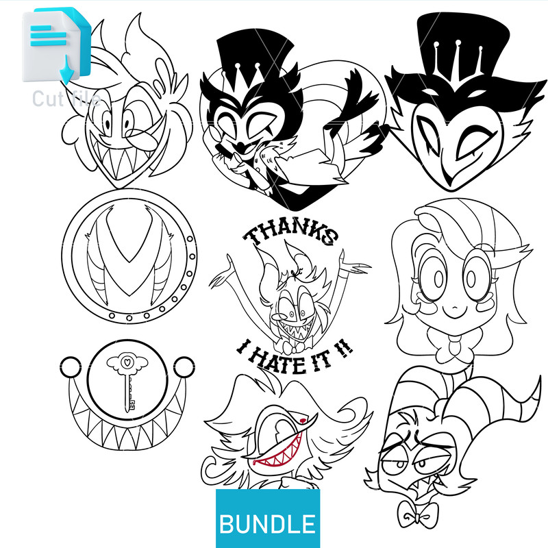 Editable Bundle BombMoxxieAlastorNifftyFizzaroliBlitzo SVG PNGINkCut FileColoring Pages 1