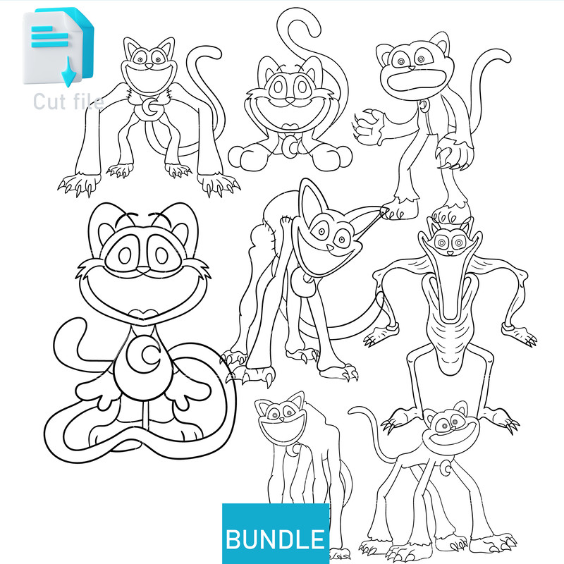 Editable Bundle Smiling Critters Catnap Poppy Playtimenightmar CatnapSVGInk Png Cut File Coloring P 1
