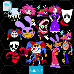 editable bundle the amazing digital circus pomni head, gangle, jax, ragatha, bubble,svg,ink,png cut file.coloring pages
