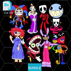 editable bundle the amazing digital circus pomni, gangle, jax, ragatha, zooble,svg,ink,png cut file.coloring pages.