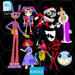 editable bundle amazing digital circus pomni,gangle, jax, ragatha, zooble,bubble,svg,ink,png cut file.coloring pages.